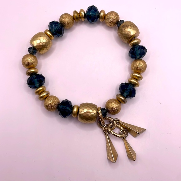 Vintage Blue Gold Tone Beaded Dangle Statement Bracelet - Picture 1 of 2